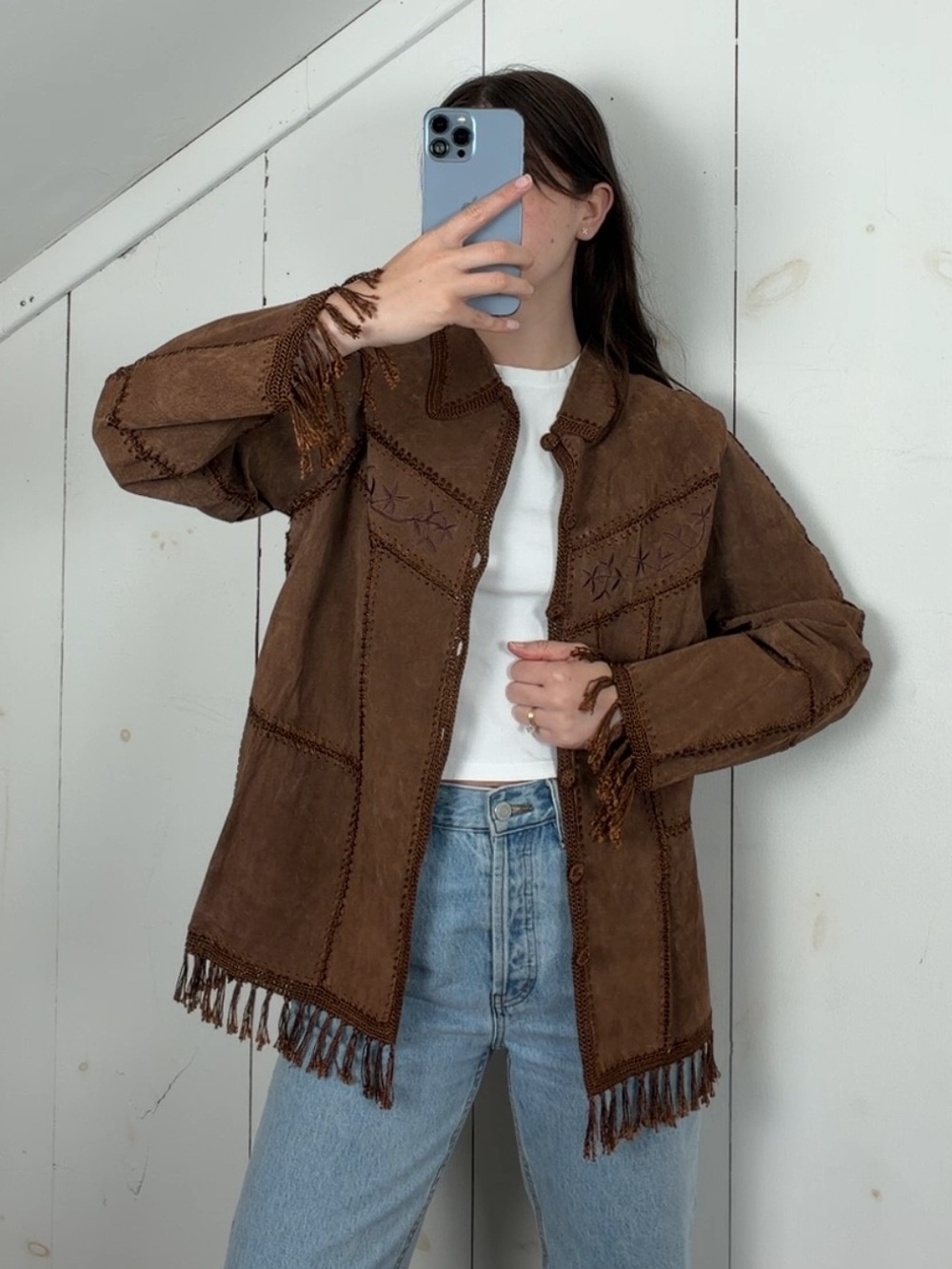 Vintage Suede Leather Crochet Patchwork Fringe Trim Embroidered Jacket Women's M